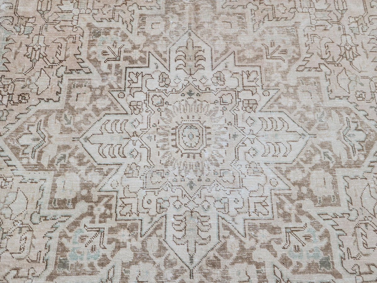 Heriz Neutral Rug 9x12, Hand Knotted Beige And Brown Wool, Living Room Rustic Decor