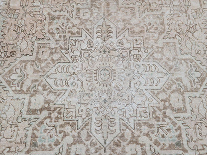 Heriz Neutral Rug 9x12, Hand Knotted Beige And Brown Wool, Living Room Rustic Decor