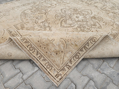 9x12 Vintage Turkish Oushak Rug: Hand Knotted Wool, Gray Cream