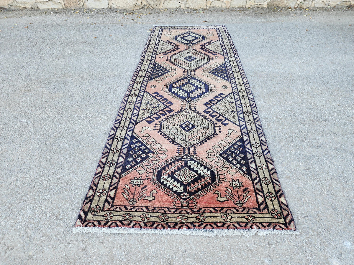 3x10 Hand Made Runner Rug: Persian Medallion Design Rug, Faded Red and Blue Border