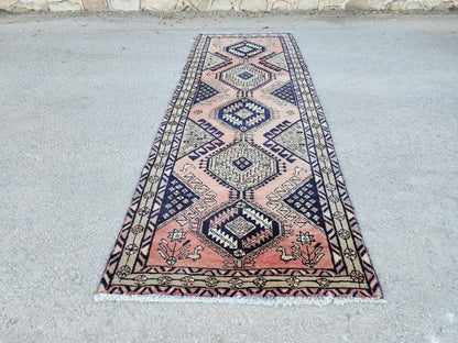 3x10 Hand Made Runner Rug: Persian Medallion Design Rug, Faded Red and Blue Border