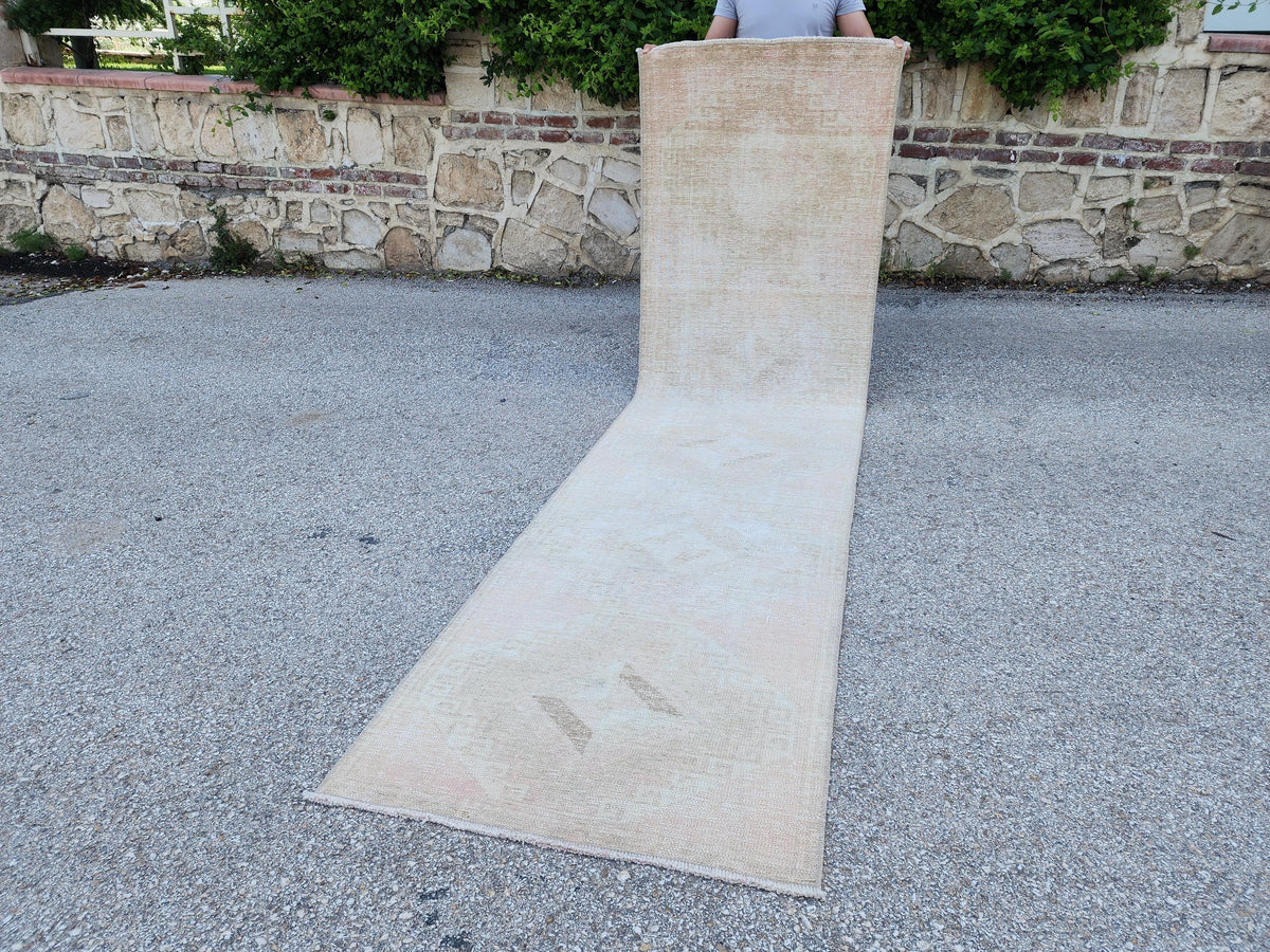 2x11 Neutral Turkish Oushak Runner Rug: Hand-Knotted Rustic Decor
