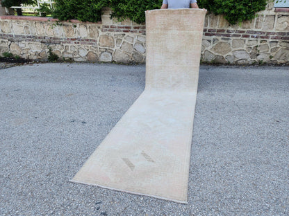 2x11 Neutral Turkish Oushak Runner Rug: Hand-Knotted Rustic Decor