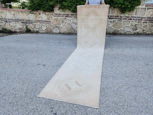 2x11 Neutral Turkish Oushak Runner Rug: Hand-Knotted Rustic Decor