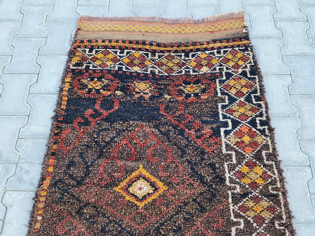 3x9 Vintage Herki Wool Runner Rug: Turkish Bohemian Hallway Rug