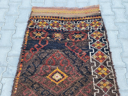 3x9 Vintage Herki Wool Runner Rug: Turkish Bohemian Hallway Rug