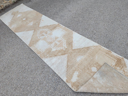 3x13 Hand-Knotted Turkish Wool Runner Rug, Neutral Hallway & Entryway Rug