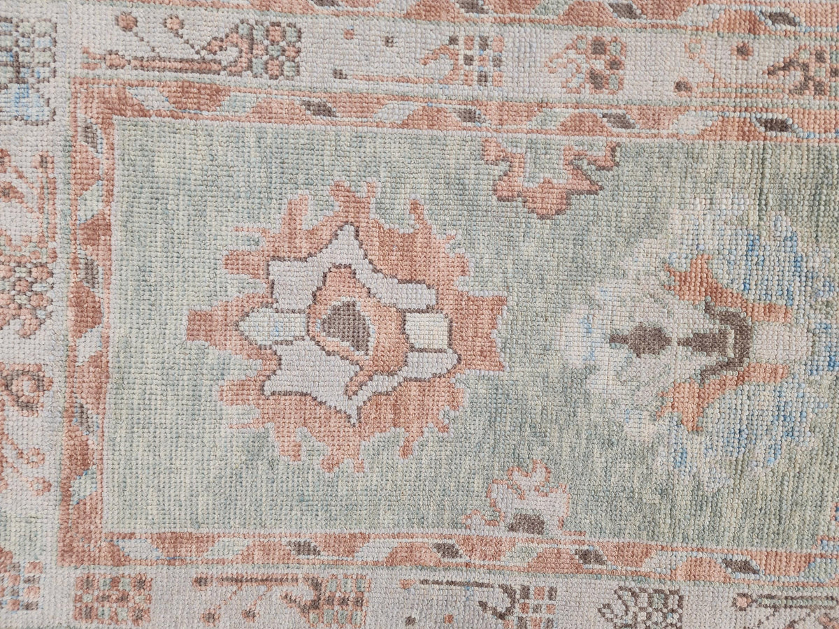3x13 Oushak Runner Rug: Handwoven Turkish Wool, Soft Green, Eco Friendly