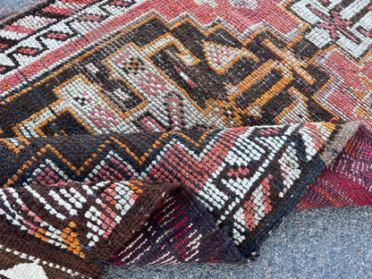 Handwoven Wool Runner Rug: 3x10 Vintage Turkish Herki Rug