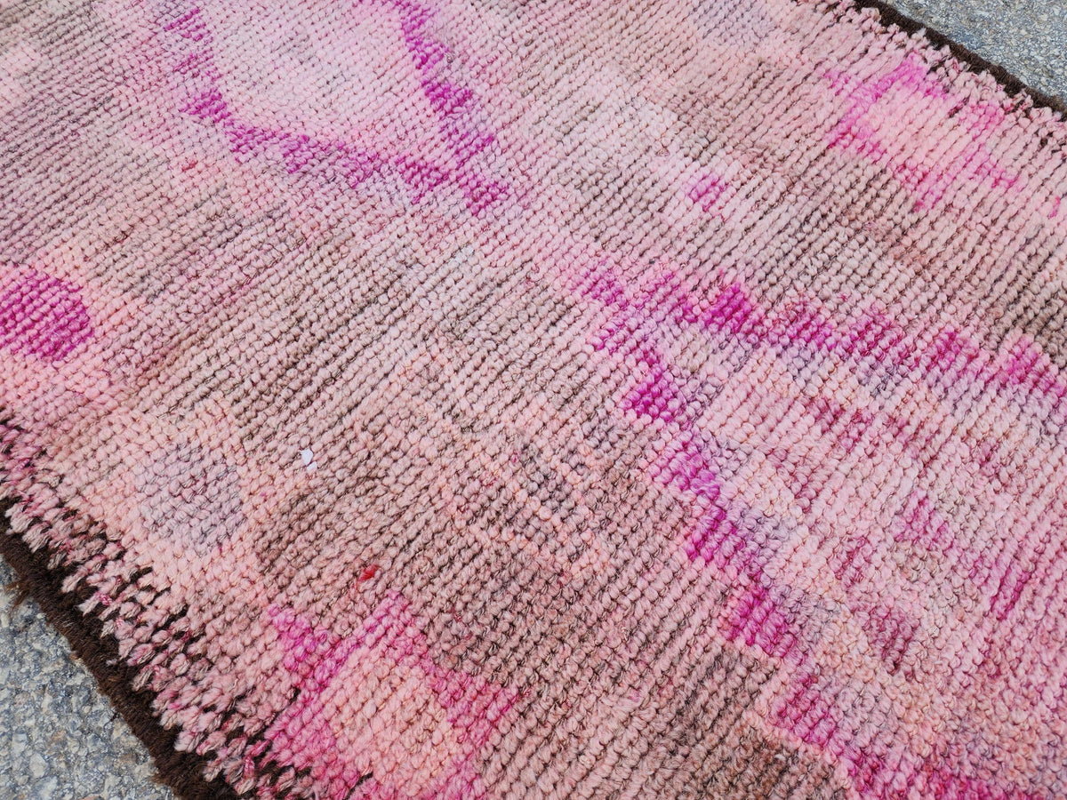 Herki Pink Runner Rug 2.7x10 ft, Turkish Wool Hand Made Carpet, Home Rustic Hallway Decor