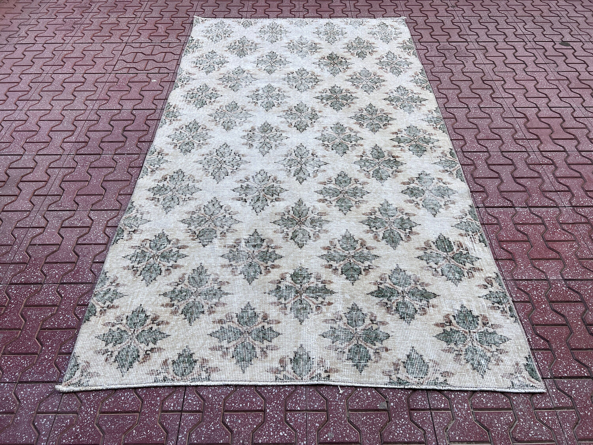 Handwoven Turkish Oushak Rug: 4x7 Green Wool Entryway Rug