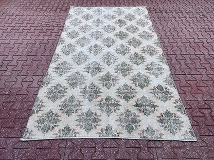 Handwoven Turkish Oushak Rug: 4x7 Green Wool Entryway Rug