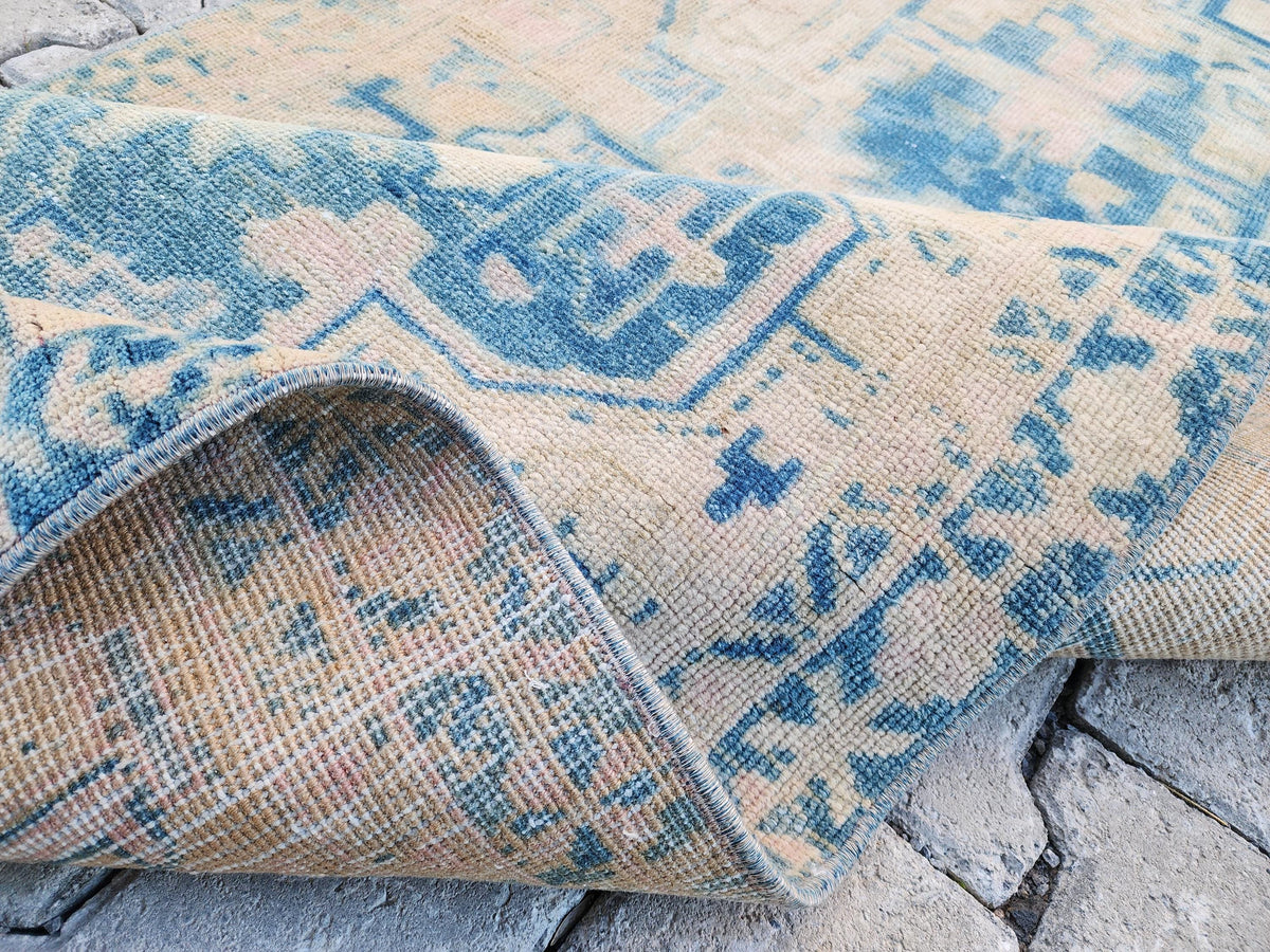 3x10 Blue Wool Turkish Runner Rug: Neutral Bohemian Hallway Decor