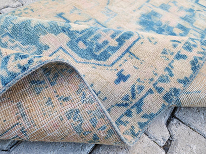 3x10 Blue Wool Turkish Runner Rug: Neutral Bohemian Hallway Decor