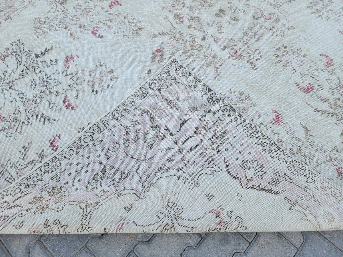 7x10 Oushak Rug: Beige Traditional Patterned Wool Carpet