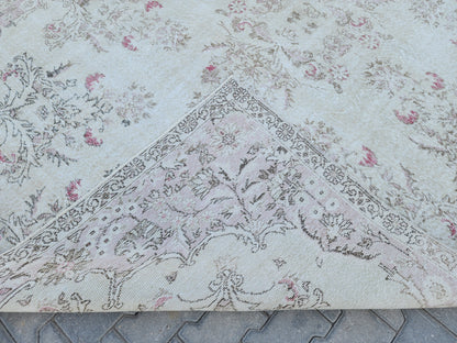 7x10 Oushak Rug: Beige Traditional Patterned Wool Carpet