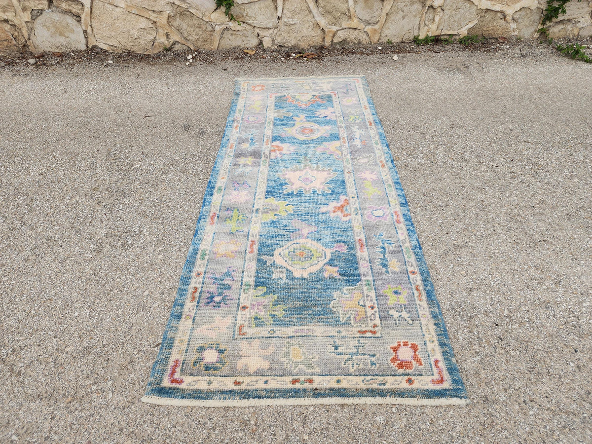 3x6 Handwoven Wool Oushak Runner Rug: Boho Patina Blue Home Textiles