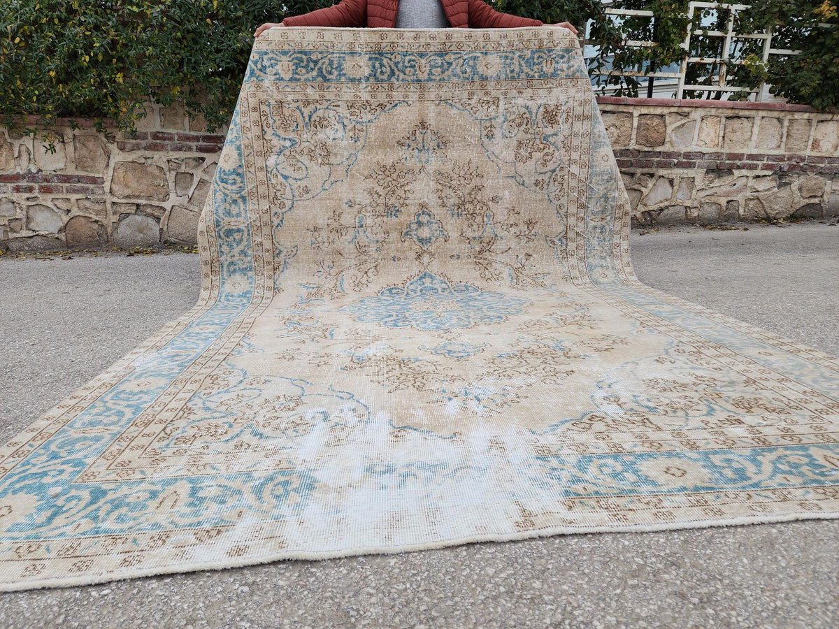 Green Medallion Turkish Oushak Rug 7x10: Wool Area Rug Boho Home Decor, Farmhouse Design