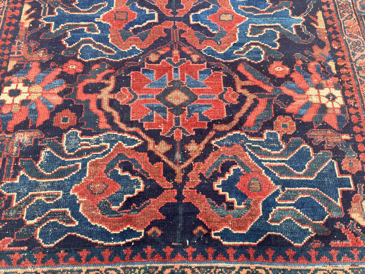 4x9 Antique Rug, 1920s Handwoven Wool Carpet, Patina Blue Collectible Tribal Rug
