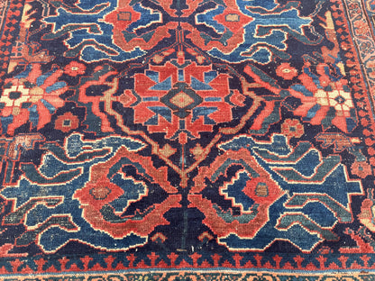 4x9 Antique Rug, 1920s Handwoven Wool Carpet, Patina Blue Collectible Tribal Rug
