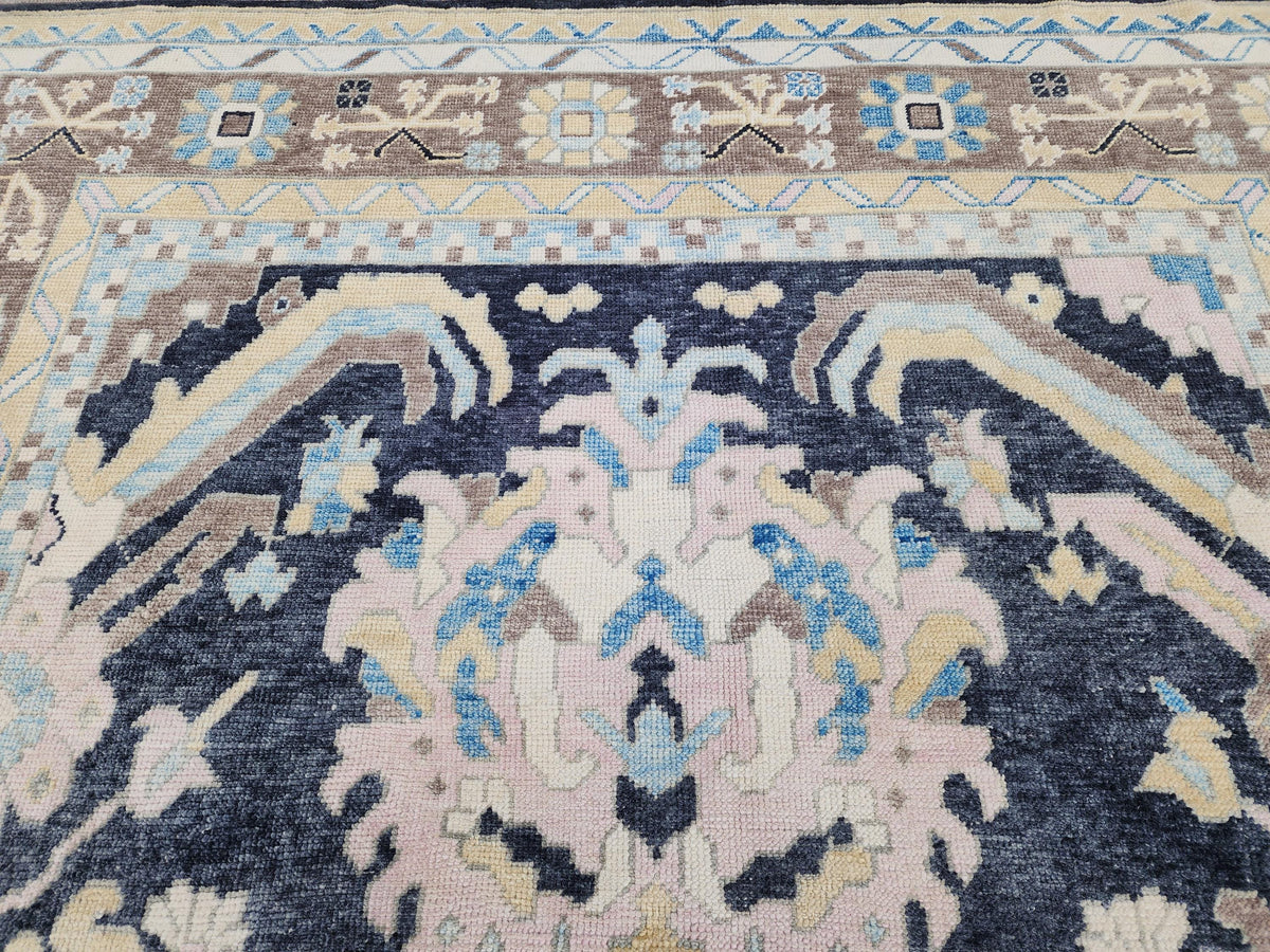 8x11 Navy Blue Oushak Rug: Handwoven Turkish Wool Medallion design, Patina Blue Home Decor