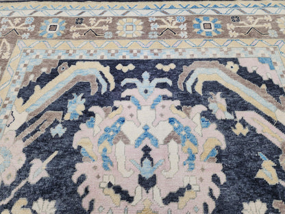 8x11 Navy Blue Oushak Rug: Handwoven Turkish Wool Medallion design, Patina Blue Home Decor