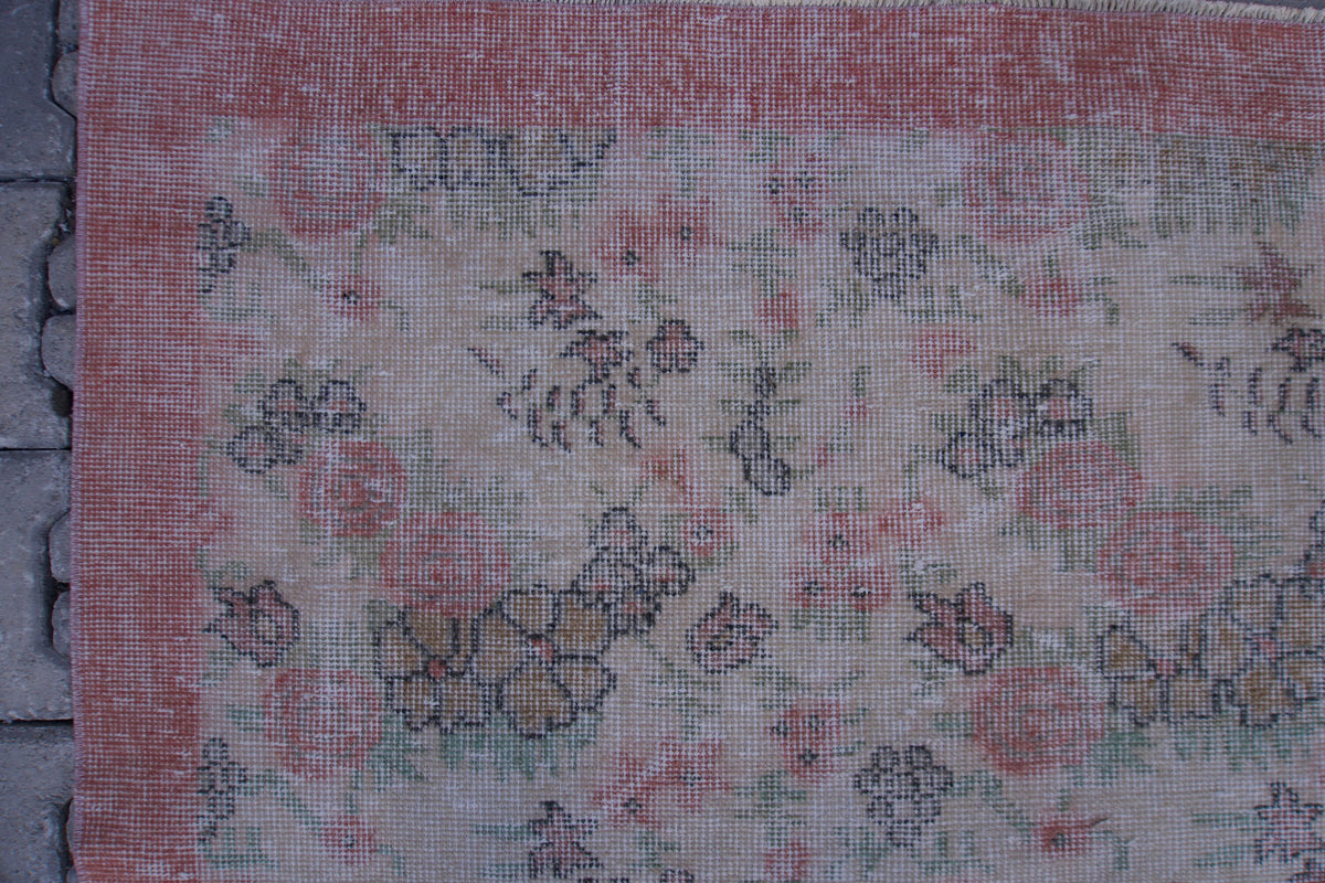 7x10 Neutral Rug, Hand Woven Beige and Faded Red Wool, Living Room Decor
