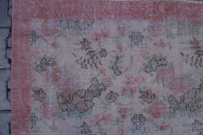 7x10 Neutral Rug, Hand Woven Beige and Faded Red Wool, Living Room Decor