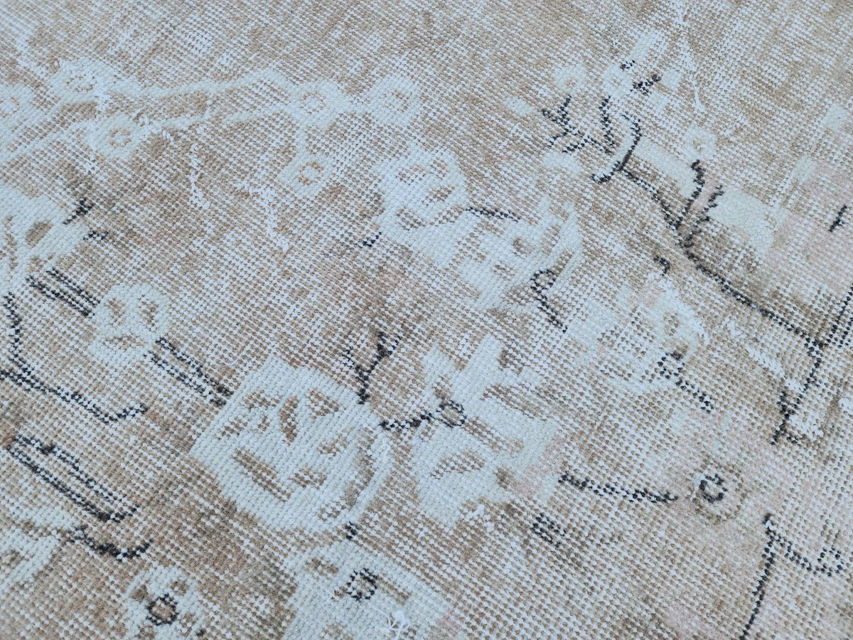 7x10 Vintage Oushak Rug: Neutral Beige Turkish Hand-Knotted Rug