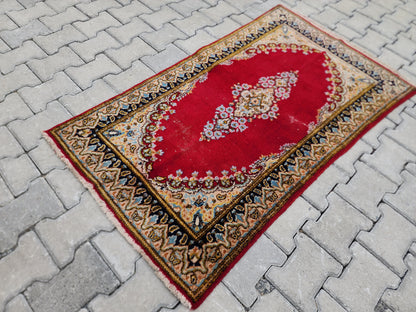 2x5 Vintage Turkish Oushak Rug: Red Antique Area Rug