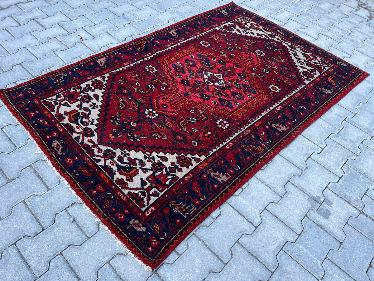 4x6 Vintage Turkish Oushak Rug: Red Oriental Small Rug