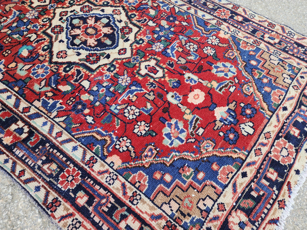 Antique Wool Runner Rug 3x9: Handcrafted Red Ann Blue Color, Farmhouse Decor