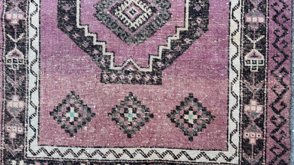 3x12 Purple Wool Runner Rug, Hand Made Rustic Decor, Kitchen Decor