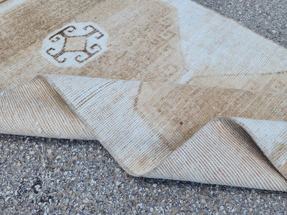3x11 Neutral Turkish Wool Runner Rug, Hand-Knotted Vintage Hallway & Entryway Rug