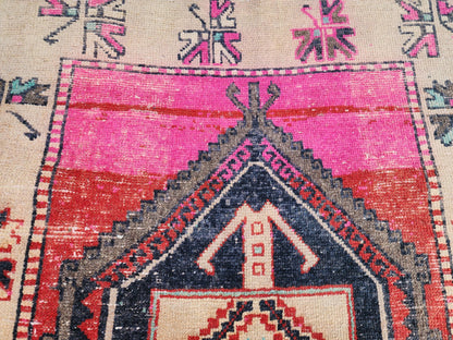 Turkish Runner Rug 3x11, Brown and Pink Color Hallway Carpet, Home Rustic Decor