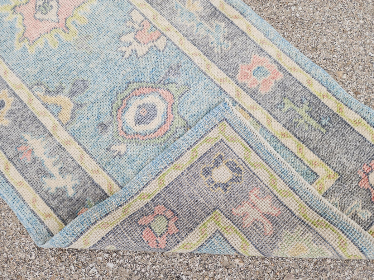 3x10 Handwoven Oushak Wool Runner Rug: Pastel Blue Floral Hallway Rug, Home Rustic Decor