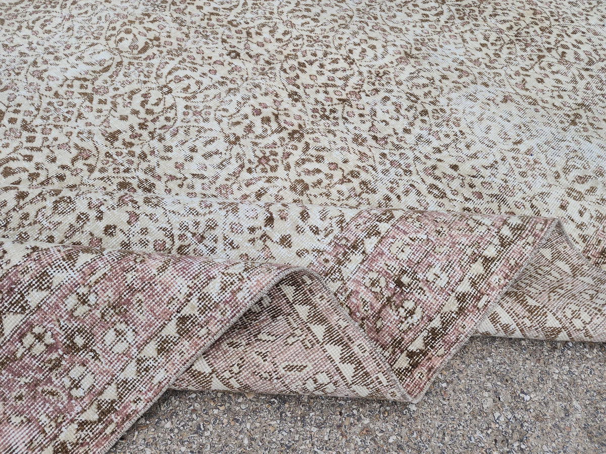 Handmade Oushak Wool Rug 7x10: Vintage Turkish Beige Carpet