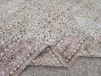 Handmade Oushak Wool Rug 7x10: Vintage Turkish Beige Carpet