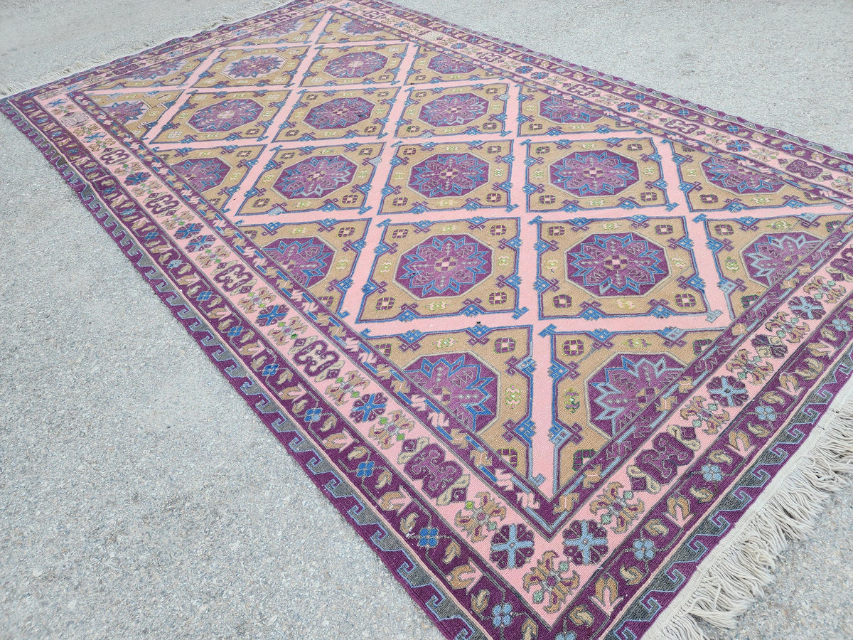 Vintage Soumak Kilim 7x11: Hand Knotted, Green and Purple