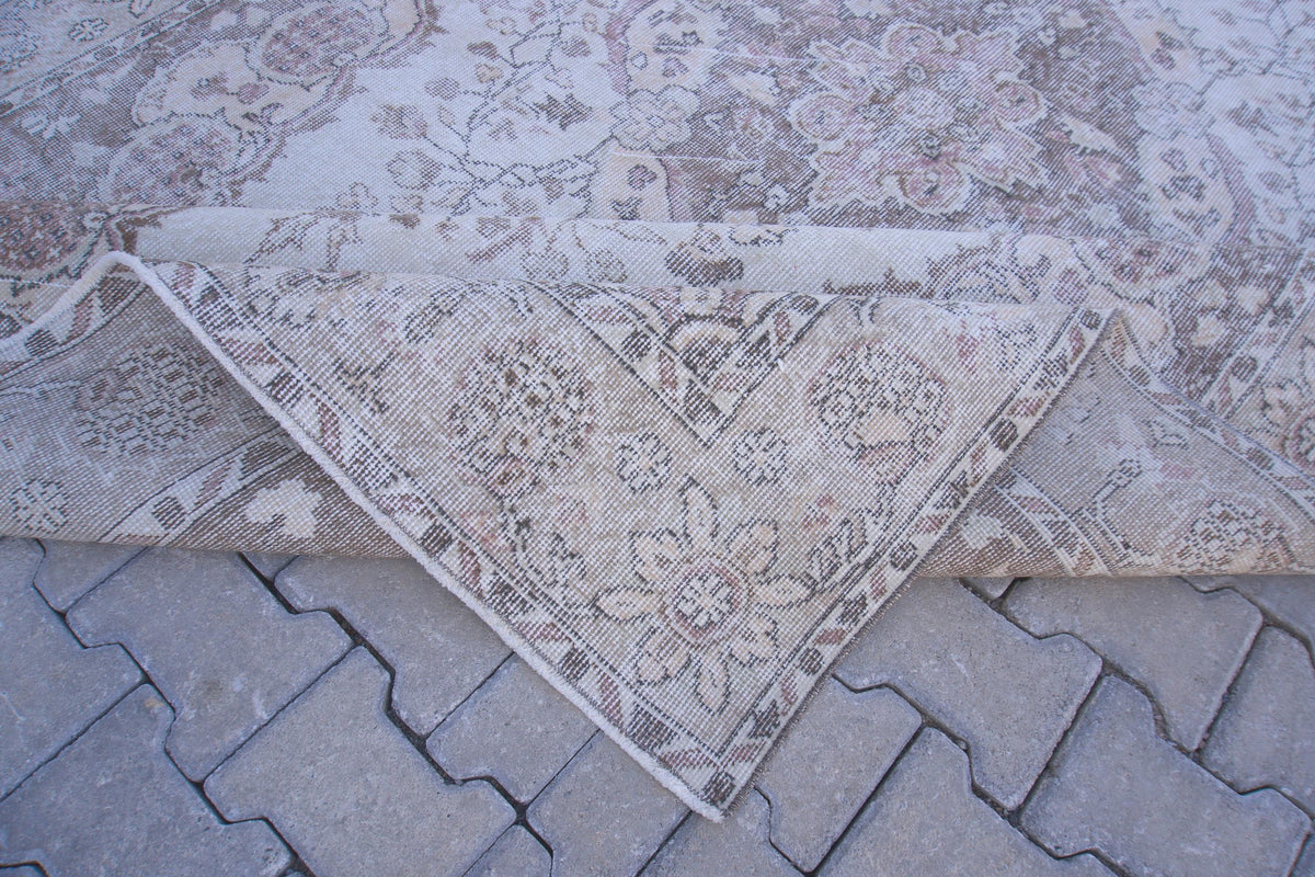 7x10 Neutral Area Rug, Bohemian Home Decor, Oriental Wool Beige and Green Carpet