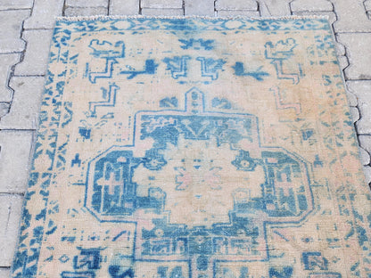3x10 Blue Wool Turkish Runner Rug: Neutral Bohemian Hallway Decor
