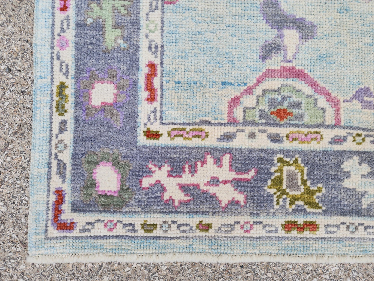 Handwoven 3x6 Oushak Wool Rug: Soft Blue Floral Medallion, Rustic Home Decor