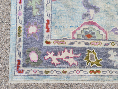 Handwoven 3x6 Oushak Wool Rug: Soft Blue Floral Medallion, Rustic Home Decor