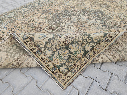 Hand Knotted Oushak Turkish Rug: 8x11 Vintage Wool Area Rug