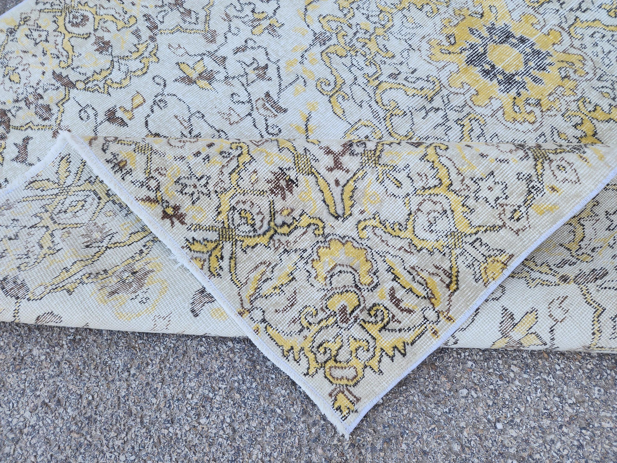 7x9 Handwoven Turkish Oushak Rug: Vintage Wool Rug, Beige and Yellow Neutral Palette