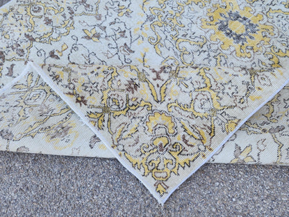 7x9 Handwoven Turkish Oushak Rug: Vintage Wool Rug, Beige and Yellow Neutral Palette
