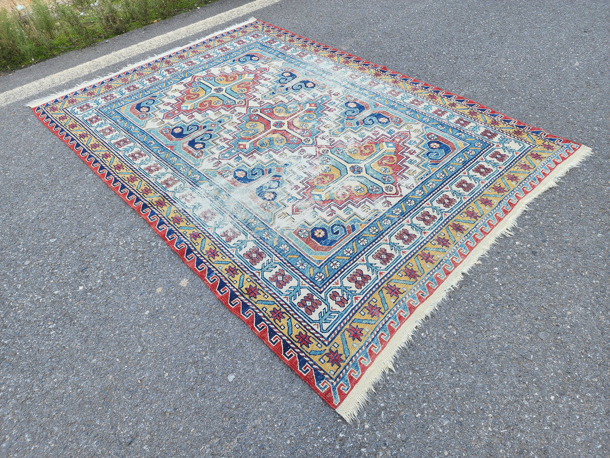 5x8 Antique Soumak Rug, Handwoven Wool Bohemian Eclectic Area Rug, Neutral Accent Decor