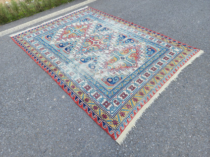 5x8 Antique Soumak Rug, Handwoven Wool Bohemian Eclectic Area Rug, Neutral Accent Decor