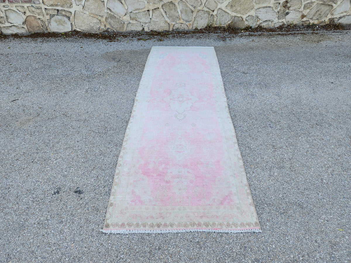 3x9 Boho Runner Rug, Powder Pink Wool Hand Made, Kitchen Rustic Decor