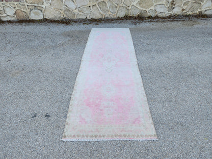 3x9 Boho Runner Rug, Powder Pink Wool Hand Made, Kitchen Rustic Decor